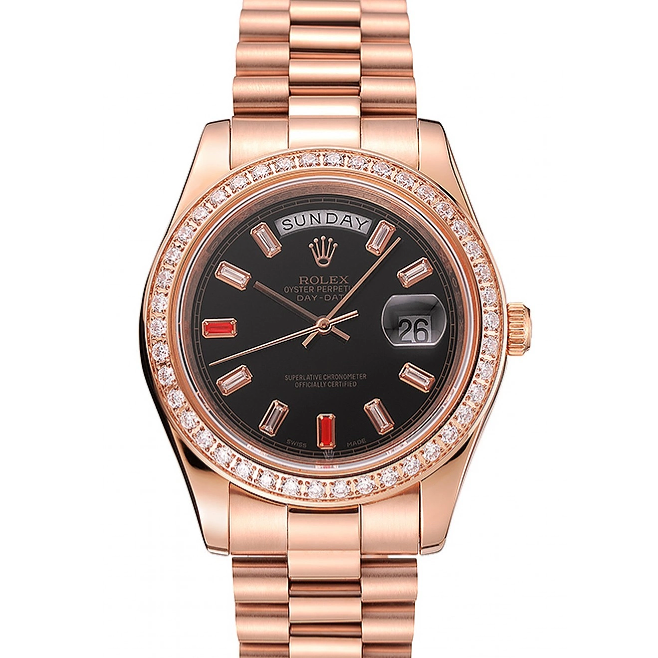 Diamonds Rolex Gold Dial 1454102 Bracelet And Rose Black Day-Date Rubies Swiss 0528